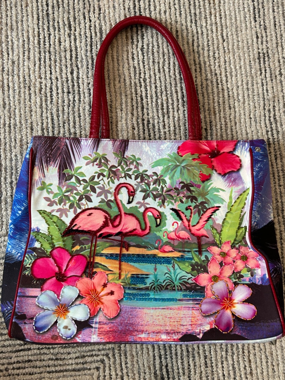 Far Nine Beaded Tropical Flamingo Floral Tote Bag in Pink and Multicolored